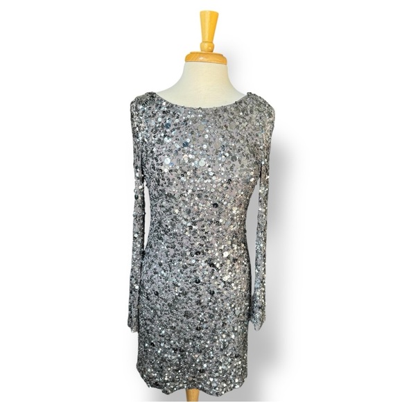 Aidan Mattox Dresses & Skirts - Aidan Mattox Silver Fully Sequined Party Dress Long Sleeve Mini Dress